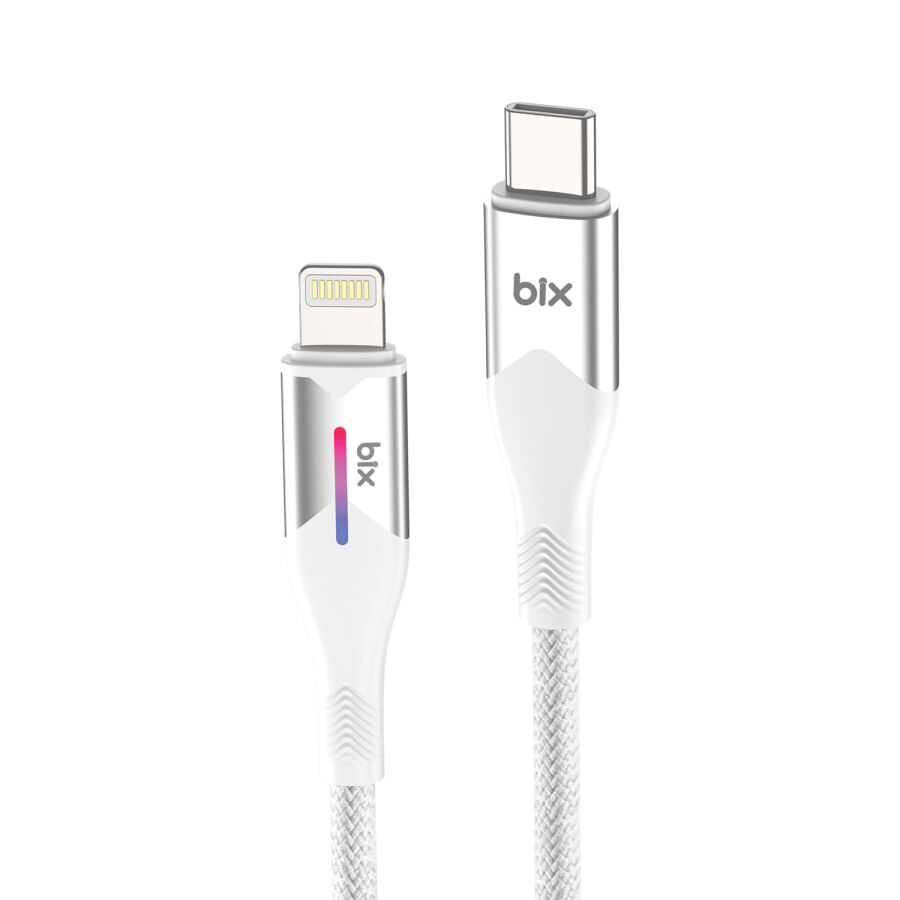 Bix Type-C to Lightning iPhone 27W Örgülü LED Işıklı Şarj ve Data Kablosu 1 Metre Beyaz - 1