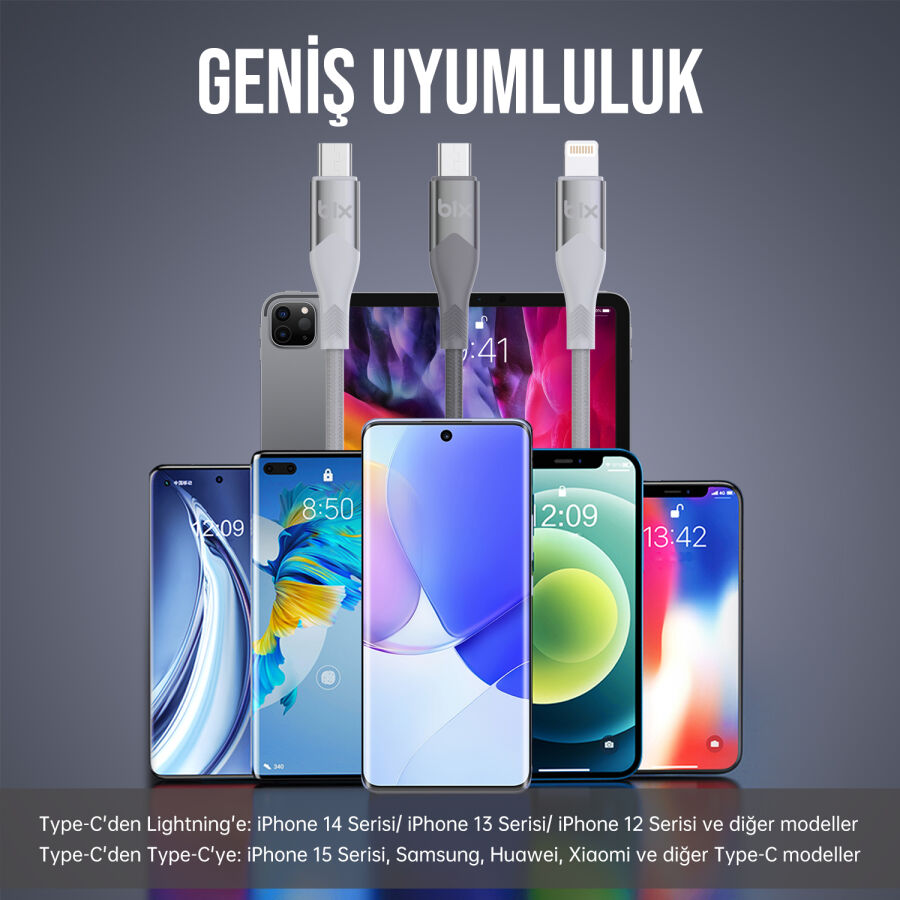 Bix Type-C to Lightning iPhone 27W Örgülü LED Işıklı Şarj ve Data Kablosu 1 Metre Beyaz - 6