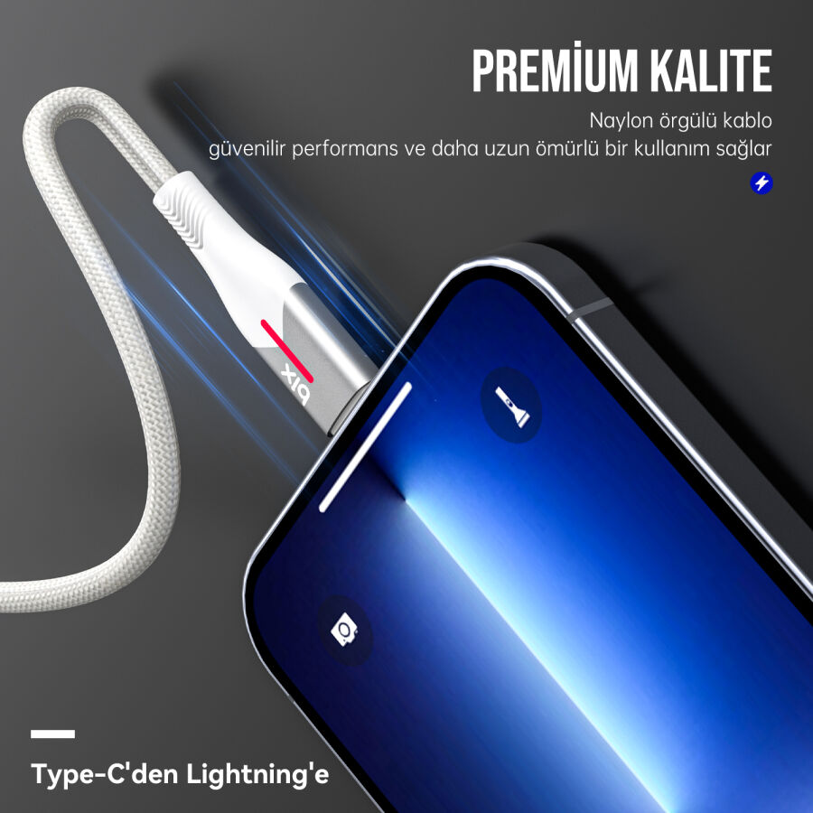 Bix Type-C to Lightning iPhone 27W Örgülü LED Işıklı Şarj ve Data Kablosu 1 Metre Beyaz - 7