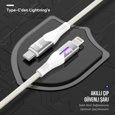 Bix Type-C to Lightning iPhone 27W Örgülü LED Işıklı Şarj ve Data Kablosu 1 Metre Beyaz - 4