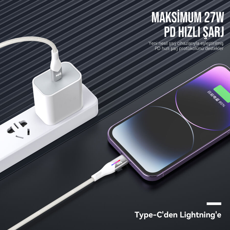 Bix Type-C to Lightning iPhone 27W Örgülü LED Işıklı Şarj ve Data Kablosu 1 Metre Beyaz - 5