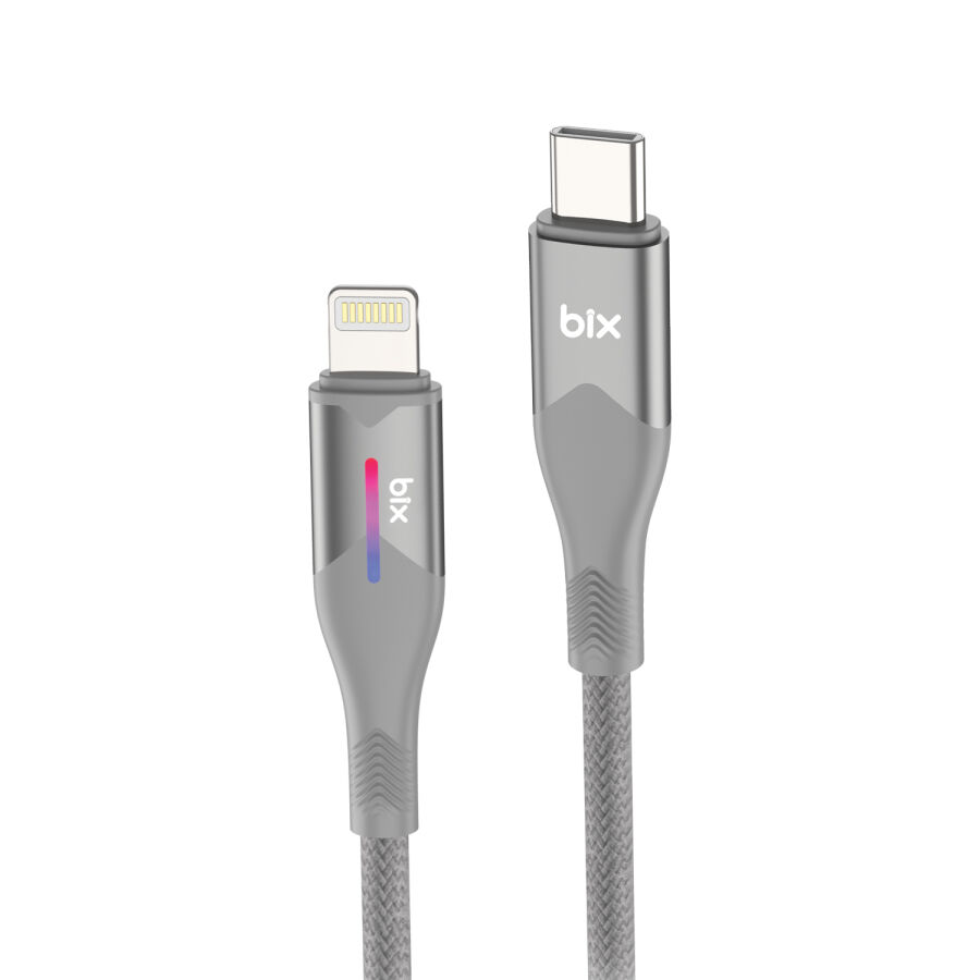 Bix Type-C to Lightning iPhone 27W Örgülü LED Işıklı Şarj ve Data Kablosu 1 Metre Gri - 1