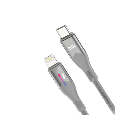 Bix Type-C to Lightning iPhone 27W Örgülü LED Işıklı Şarj ve Data Kablosu 1 Metre Gri - 2