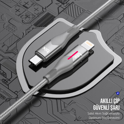 Bix Type-C to Lightning iPhone 27W Örgülü LED Işıklı Şarj ve Data Kablosu 1 Metre Gri - 4