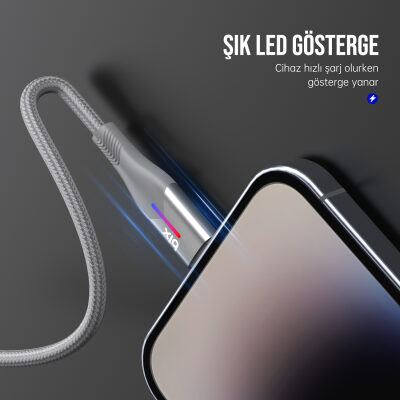 Bix Type-C to Lightning iPhone 27W Örgülü LED Işıklı Şarj ve Data Kablosu 1 Metre Gri - 5