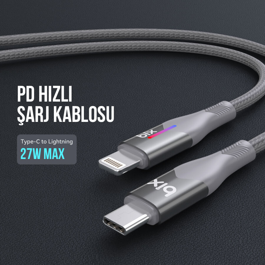 Bix Type-C to Lightning iPhone 27W Örgülü LED Işıklı Şarj ve Data Kablosu 1 Metre Gri - 6