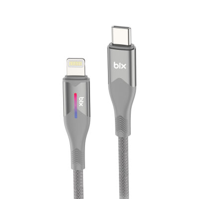 Bix Type-C to Lightning iPhone 27W Örgülü LED Işıklı Şarj ve Data Kablosu 1 Metre Gri 