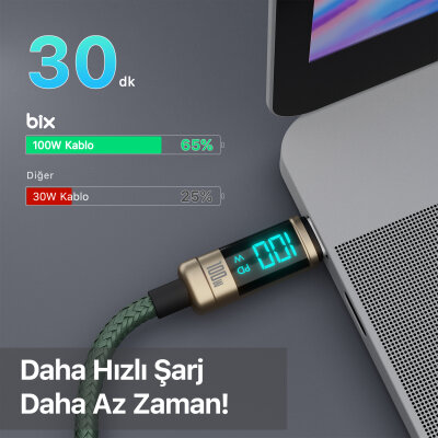 Bix Type-C to Type-C 100W 480Mbps E-Marker Çipli LED Dijital Ekranlı Şarj ve Data Kablosu 1 Metre Bronz - 2
