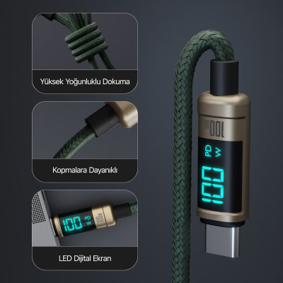 Bix Type-C to Type-C 100W 480Mbps E-Marker Çipli LED Dijital Ekranlı Şarj ve Data Kablosu 1 Metre Bronz - 3