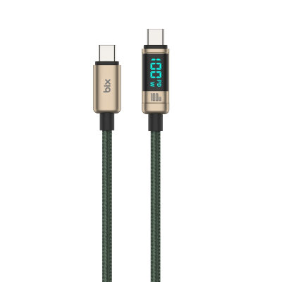 Bix Type-C to Type-C 100W 480Mbps E-Marker Çipli LED Dijital Ekranlı Şarj ve Data Kablosu 1 Metre Bronz
