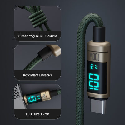 Bix Type-C to Type-C 100W 480Mbps E-Marker Çipli LED Dijital Ekranlı Şarj ve Data Kablosu 1 Metre Bronz - 3