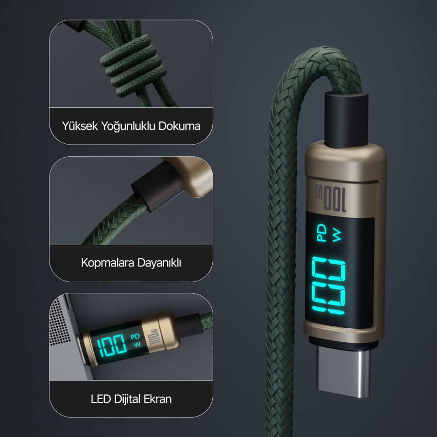 Bix Type-C to Type-C 100W 480Mbps E-Marker Çipli LED Dijital Ekranlı Şarj ve Data Kablosu 1 Metre Bronz - 3