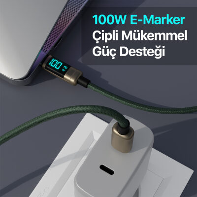 Bix Type-C to Type-C 100W 480Mbps E-Marker Çipli LED Dijital Ekranlı Şarj ve Data Kablosu 1 Metre Bronz - 4