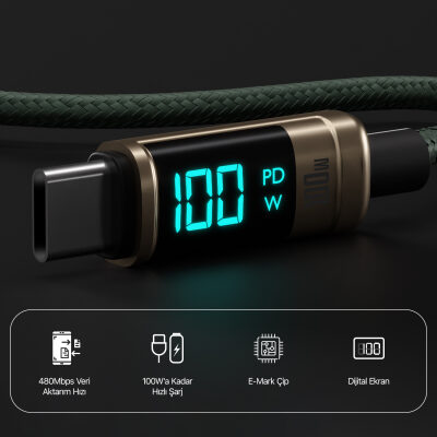 Bix Type-C to Type-C 100W 480Mbps E-Marker Çipli LED Dijital Ekranlı Şarj ve Data Kablosu 1 Metre Bronz - 5