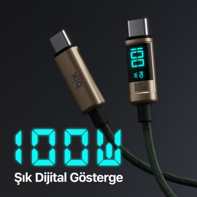 Bix Type-C to Type-C 100W 480Mbps E-Marker Çipli LED Dijital Ekranlı Şarj ve Data Kablosu 1 Metre Bronz - 6