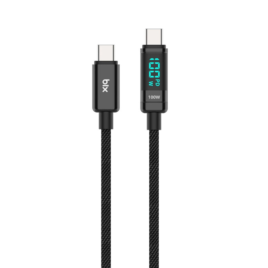Bix Type-C to Type-C 100W 480Mbps E-Marker Çipli LED Dijital Ekranlı Şarj ve Data Kablosu 1 Metre Siyah - 1