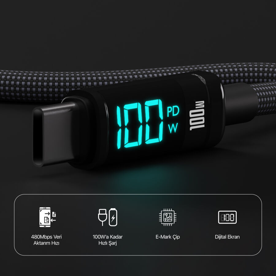 Bix Type-C to Type-C 100W 480Mbps E-Marker Çipli LED Dijital Ekranlı Şarj ve Data Kablosu 1 Metre Siyah - 2