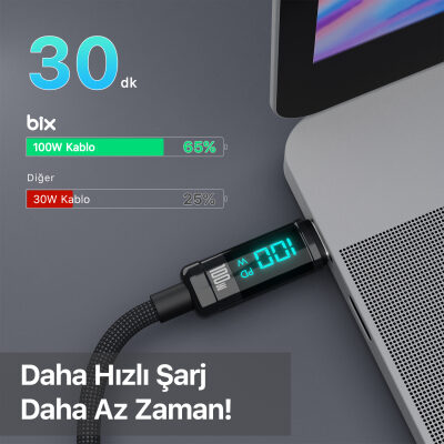 Bix Type-C to Type-C 100W 480Mbps E-Marker Çipli LED Dijital Ekranlı Şarj ve Data Kablosu 1 Metre Siyah - 5
