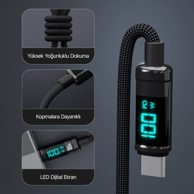 Bix Type-C to Type-C 100W 480Mbps E-Marker Çipli LED Dijital Ekranlı Şarj ve Data Kablosu 1 Metre Siyah - 4
