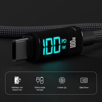 Bix Type-C to Type-C 100W 480Mbps E-Marker Çipli LED Dijital Ekranlı Şarj ve Data Kablosu 1 Metre Siyah - 2