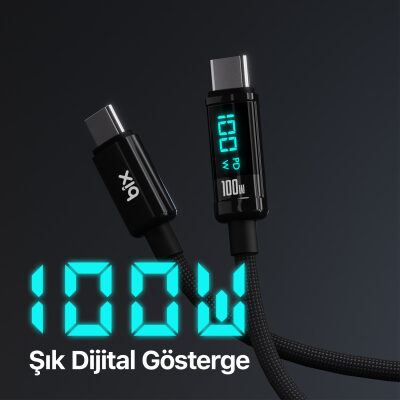 Bix Type-C to Type-C 100W 480Mbps E-Marker Çipli LED Dijital Ekranlı Şarj ve Data Kablosu 1 Metre Siyah - 3
