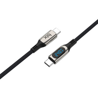 Bix Type-C to Type-C 240W 480Mbps E-Marker Çip Dijital Ekran Göstergeli Örgülü Şarj ve Data Kablosu 1 Metre - 2