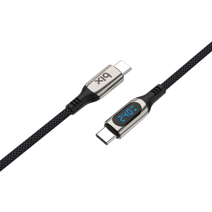 Bix Type-C to Type-C 240W 480Mbps E-Marker Çip Dijital Ekran Göstergeli Örgülü Şarj ve Data Kablosu 1 Metre - 2