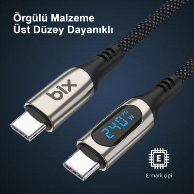 Bix Type-C to Type-C 240W 480Mbps E-Marker Çip Dijital Ekran Göstergeli Örgülü Şarj ve Data Kablosu 1 Metre - 5