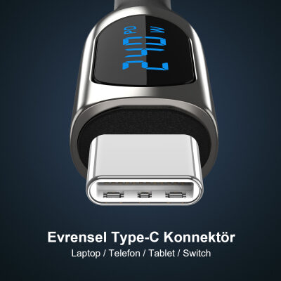 Bix Type-C to Type-C 240W 480Mbps E-Marker Çip Dijital Ekran Göstergeli Örgülü Şarj ve Data Kablosu 1 Metre - 6