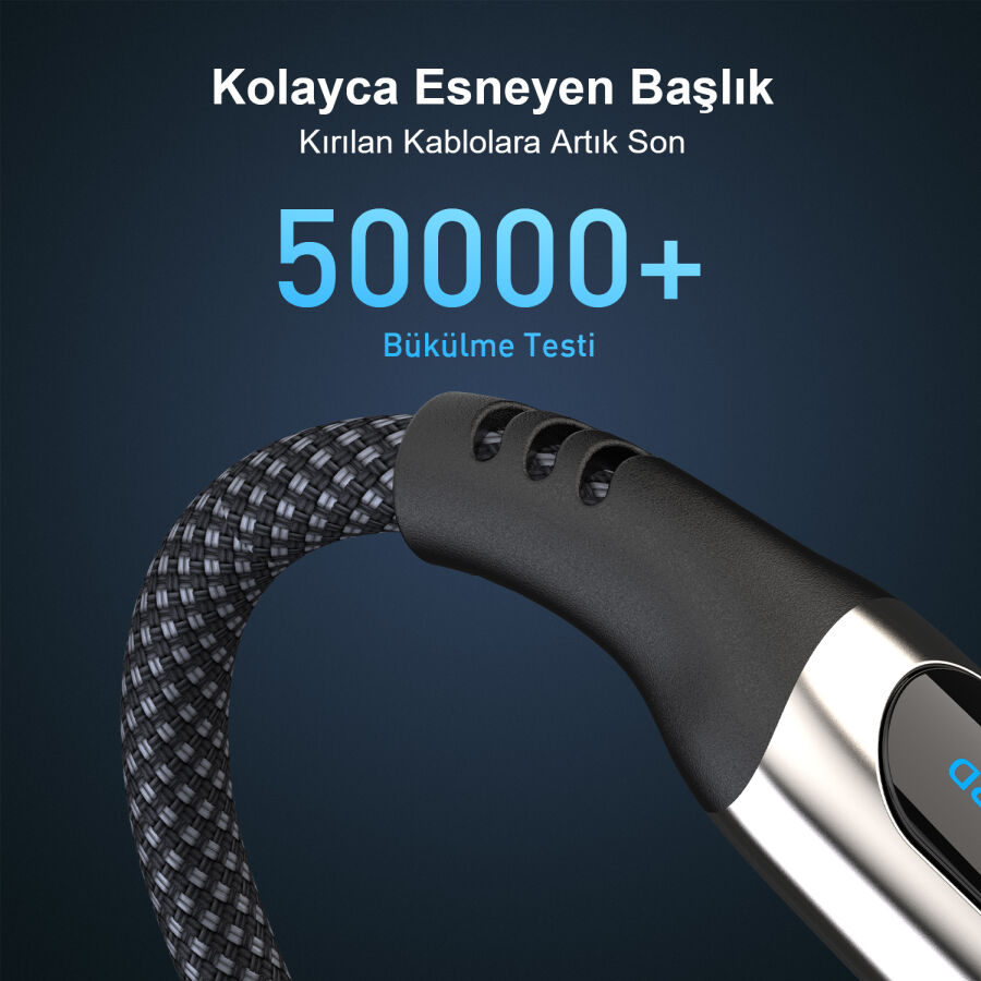 Bix Type-C to Type-C 240W 480Mbps E-Marker Çip Dijital Ekran Göstergeli Örgülü Şarj ve Data Kablosu 1 Metre - 3