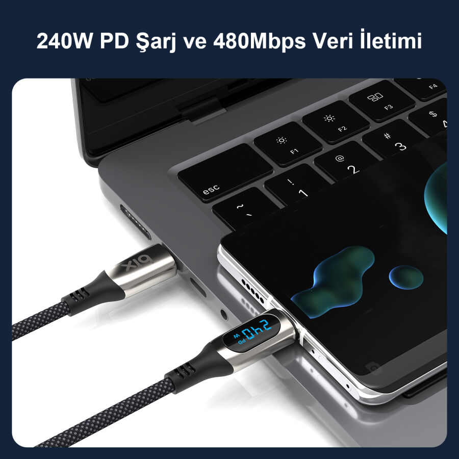Bix Type-C to Type-C 240W 480Mbps E-Marker Çip Dijital Ekran Göstergeli Örgülü Şarj ve Data Kablosu 1 Metre - 4