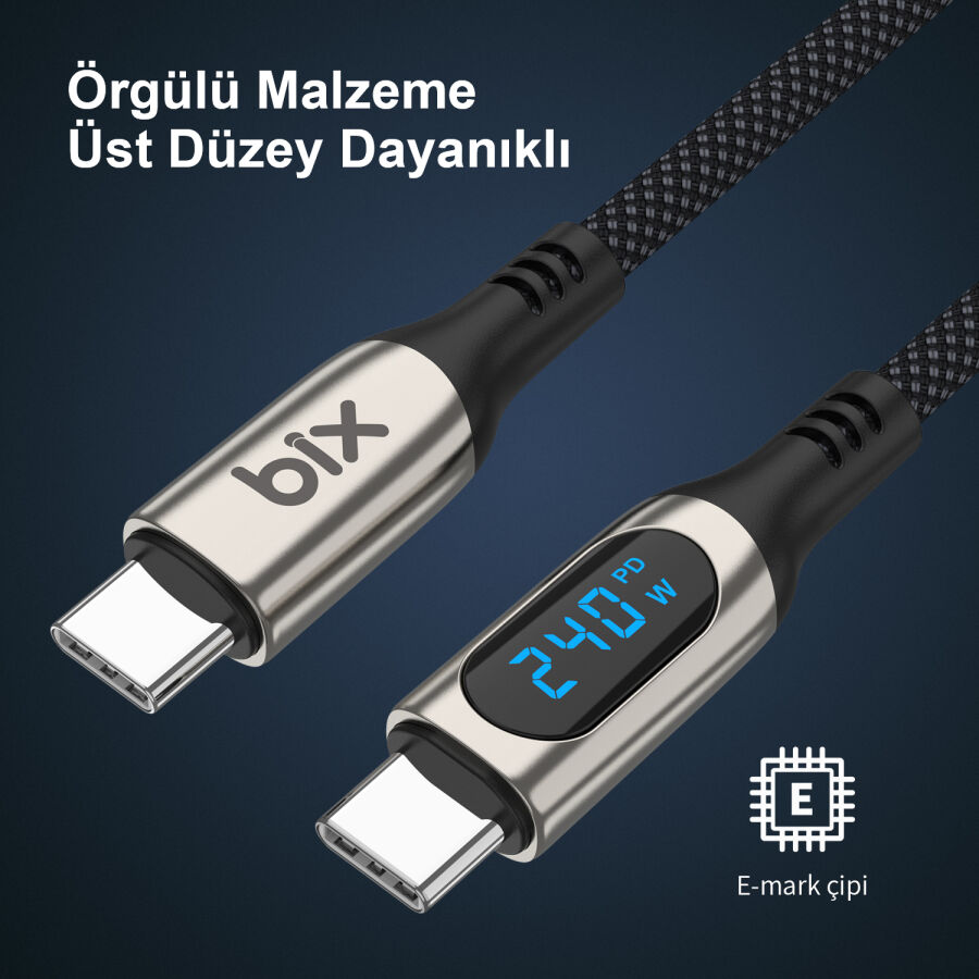 Bix Type-C to Type-C 240W 480Mbps E-Marker Çip Dijital Ekran Göstergeli Örgülü Şarj ve Data Kablosu 1 Metre - 5