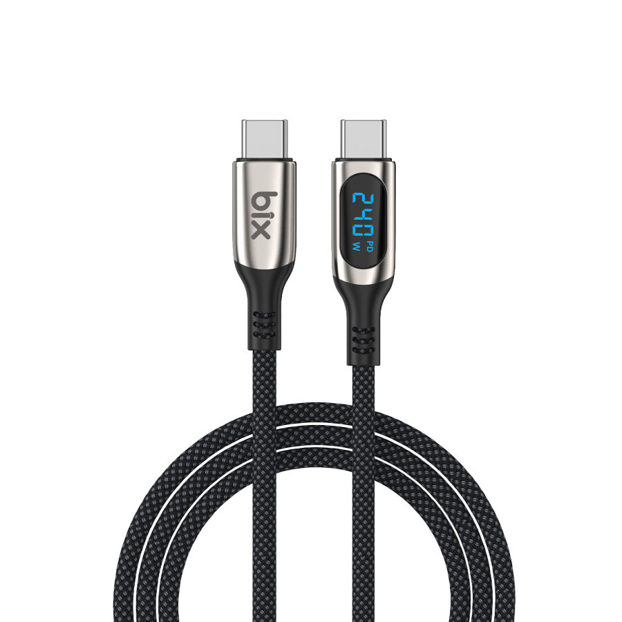 Bix Type-C to Type-C 240W 480Mbps E-Marker Çip Dijital Ekran Göstergeli Örgülü Şarj ve Data Kablosu 1 Metre - 1