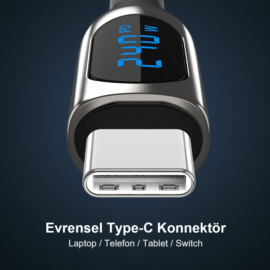 Bix Type-C to Type-C 240W 480Mbps E-Marker Çip Dijital Ekran Göstergeli Örgülü Şarj ve Data Kablosu 1 Metre - 6