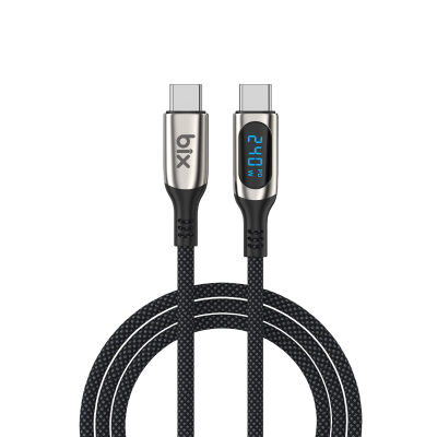 Bix Type-C to Type-C 240W 480Mbps E-Marker Çip Dijital Ekran Göstergeli Örgülü Şarj ve Data Kablosu 1 Metre