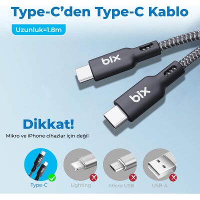 Bix Type-C to Type-C 240W 480Mbps USB-IF Sertifikalı Hi-Speed Örgülü Şarj ve Data Kablosu 1.8 Metre - 3