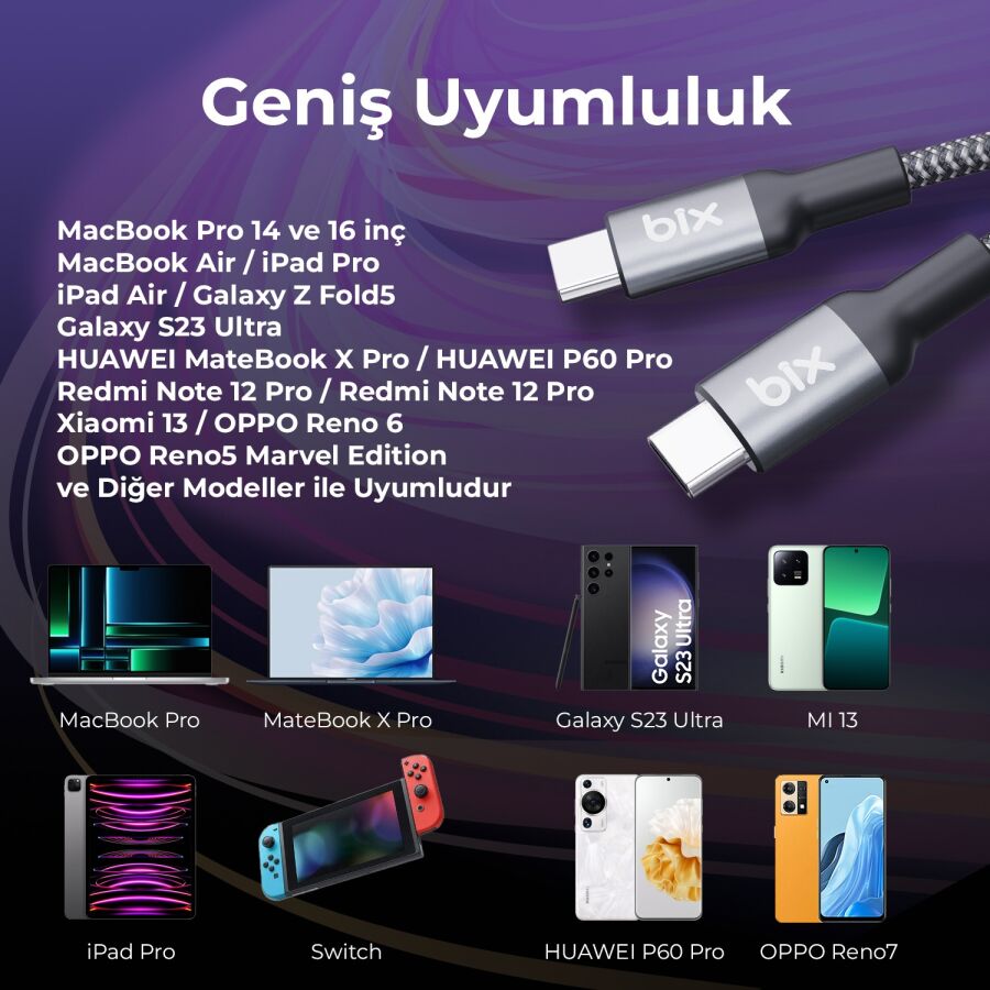 Bix Type-C to Type-C 240W 480Mbps USB-IF Sertifikalı Metal Başlıklı Örgülü Şarj & Data Kablosu 1.8 Metre - 5