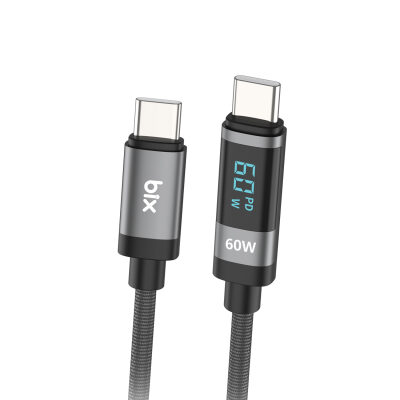 Bix Type-C to Type-C 60W Örgülü LED Dijital Ekranlı Şarj ve Data Kablosu 1 Metre - 1