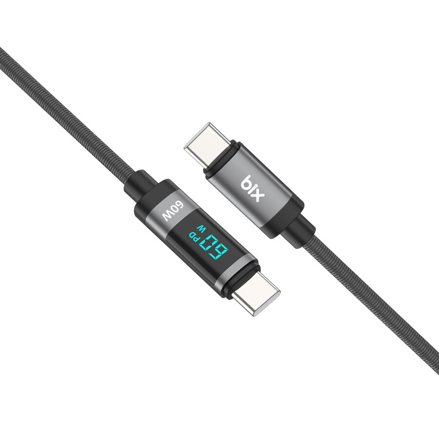 Bix Type-C to Type-C 60W Örgülü LED Dijital Ekranlı Şarj ve Data Kablosu 1 Metre - 3