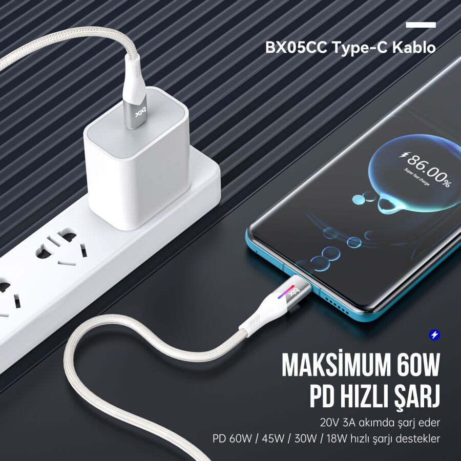 Bix Type-C to Type-C 60W Örgülü LED Işıklı Şarj ve Data Kablosu 1 Metre Beyaz - 5