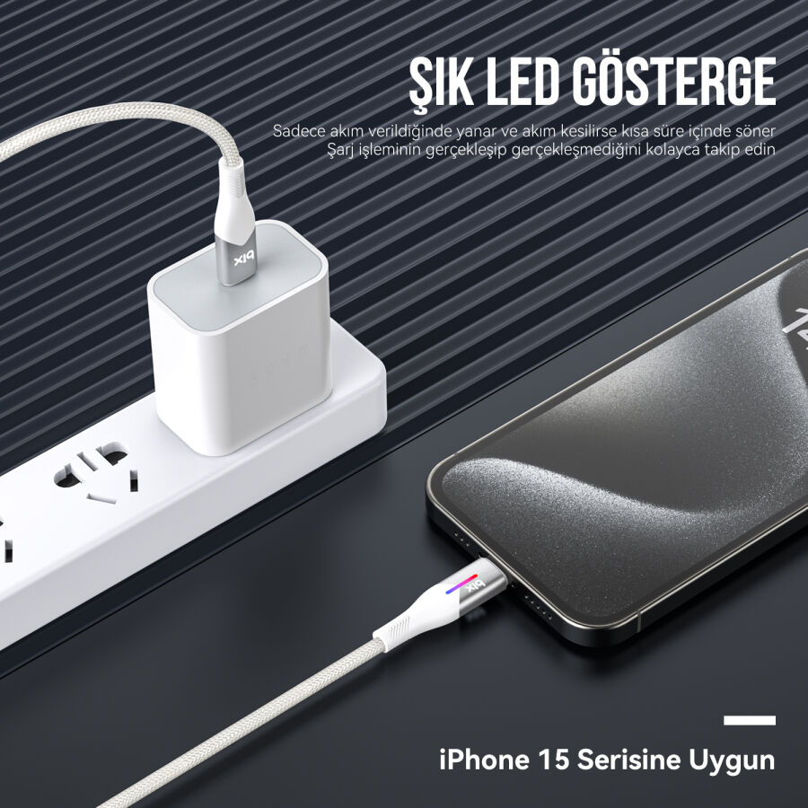 Bix Type-C to Type-C 60W Örgülü LED Işıklı Şarj ve Data Kablosu 1 Metre Beyaz - 6