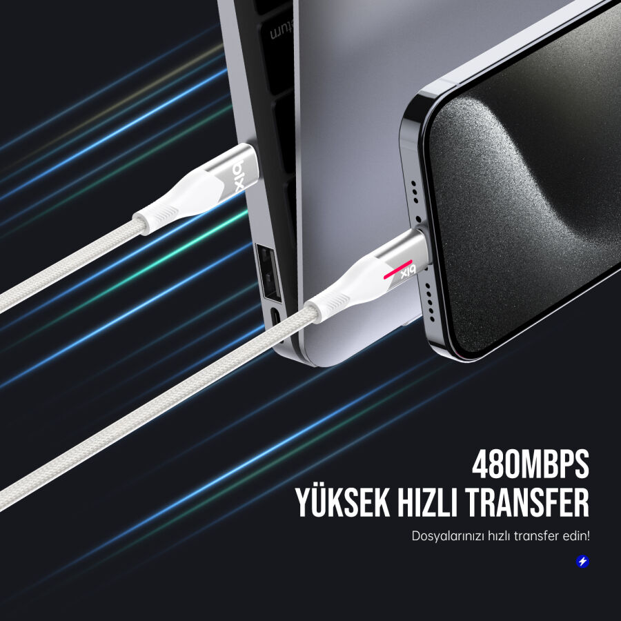 Bix Type-C to Type-C 60W Örgülü LED Işıklı Şarj ve Data Kablosu 1 Metre Beyaz - 7