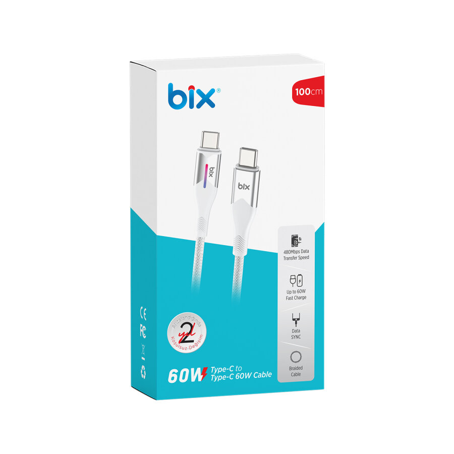 Bix Type-C to Type-C 60W Örgülü LED Işıklı Şarj ve Data Kablosu 1 Metre Beyaz - 3