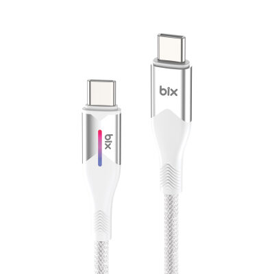 Bix Type-C to Type-C 60W Örgülü LED Işıklı Şarj ve Data Kablosu 1 Metre Beyaz