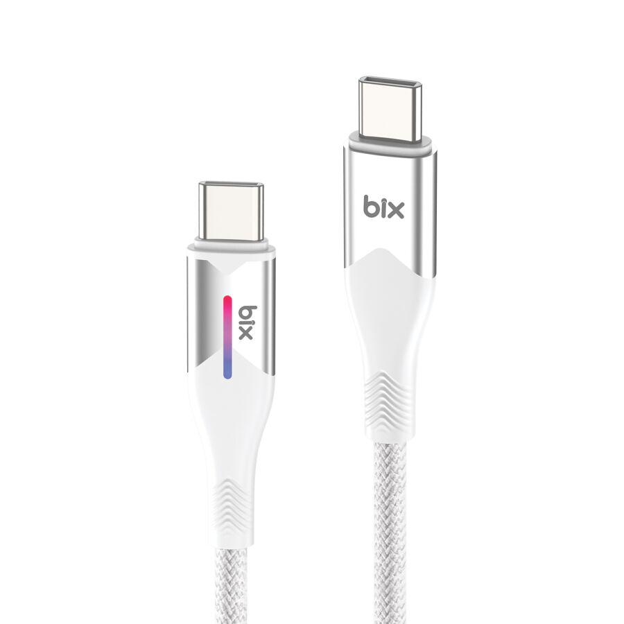 Bix Type-C to Type-C 60W Örgülü LED Işıklı Şarj ve Data Kablosu 1 Metre Beyaz - 1