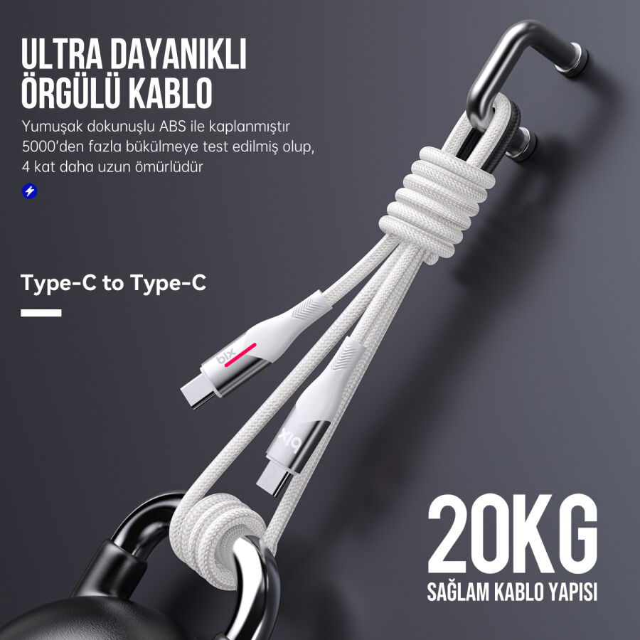 Bix Type-C to Type-C 60W Örgülü LED Işıklı Şarj ve Data Kablosu 1 Metre Beyaz - 4