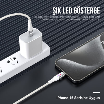 Bix Type-C to Type-C 60W Örgülü LED Işıklı Şarj ve Data Kablosu 1 Metre Beyaz - 6