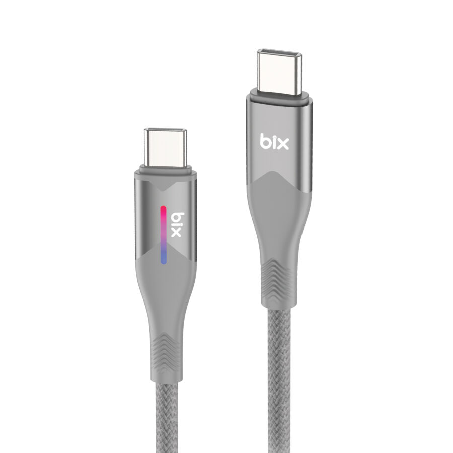 Bix Type-C to Type-C 60W Örgülü LED Işıklı Şarj ve Data Kablosu 1 Metre Gri - 1