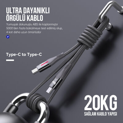 Bix Type-C to Type-C 60W Örgülü LED Işıklı Şarj ve Data Kablosu 1 Metre Gri - 4