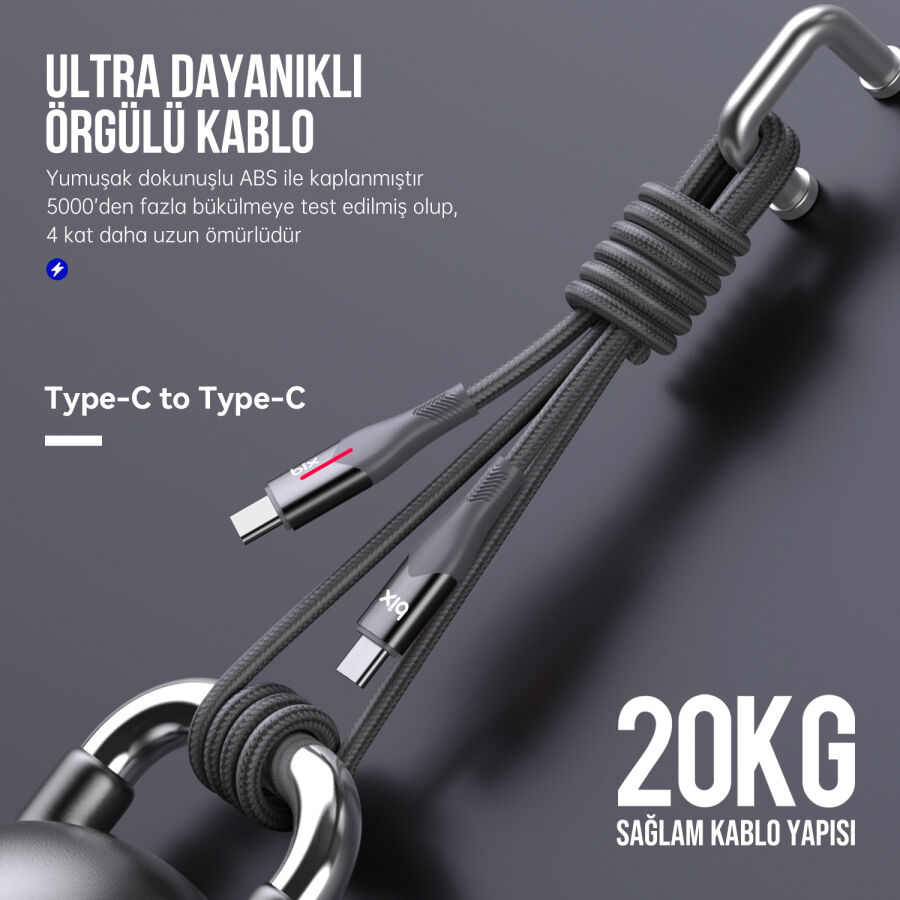 Bix Type-C to Type-C 60W Örgülü LED Işıklı Şarj ve Data Kablosu 1 Metre Gri - 4